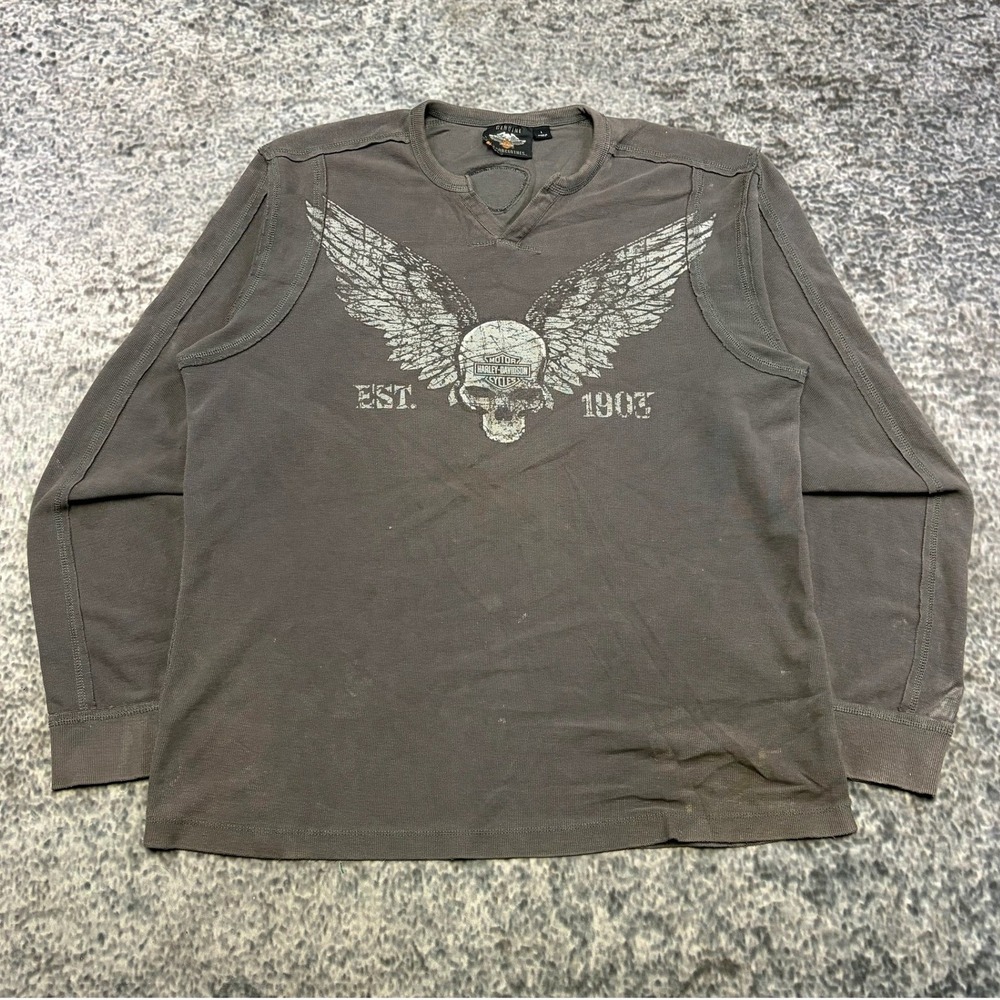 Harley Davidson Shirt Thermal Long Sleeve Mens Large Gray Skull Grunge Biker Y2K